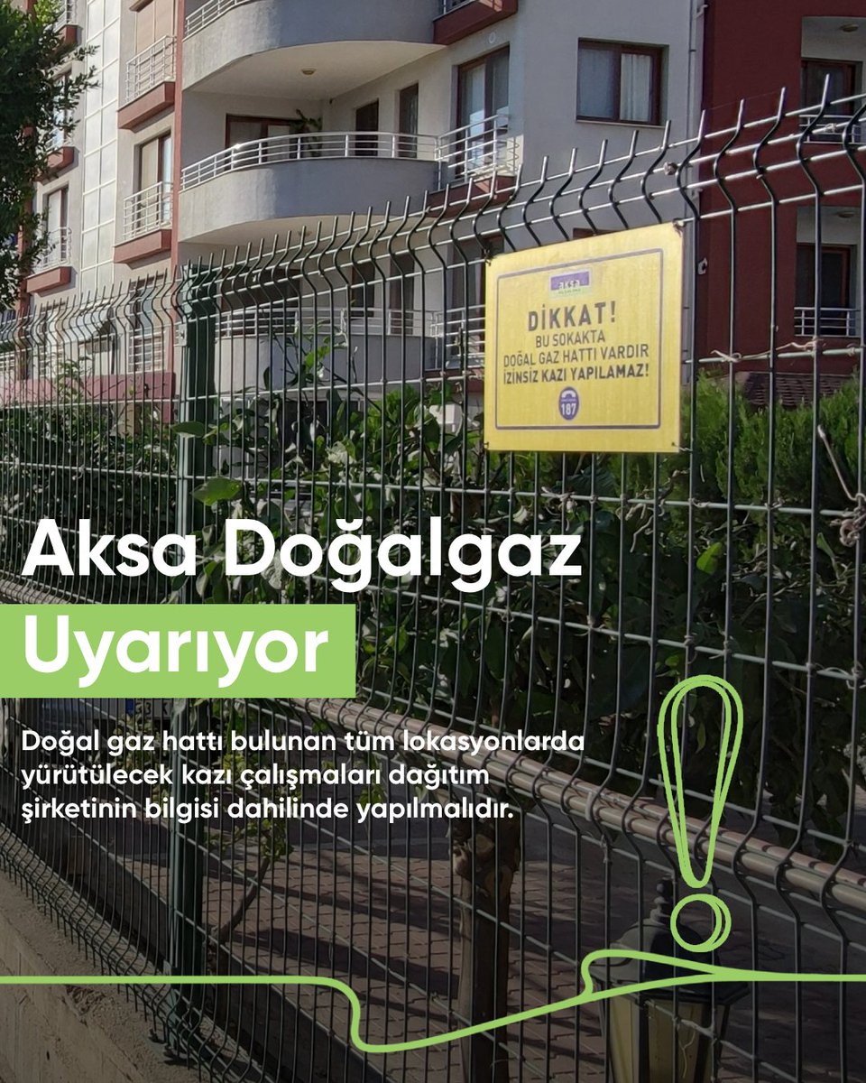 Doğal gaz güvenliği hepimiz için önemli! 🔒
Doğal gaz hattı bulunan sokaklardan mahallelere kadar tüm lokasyonlarda izinsiz kazı yapmak yasaktır. Kazı çalışmalarının dağıtım şirketinin bilgisi dahilinde olması gerektiğinden, 444 4 187 numaralı Aksa Doğalgaz Çözüm Merkezi ile
