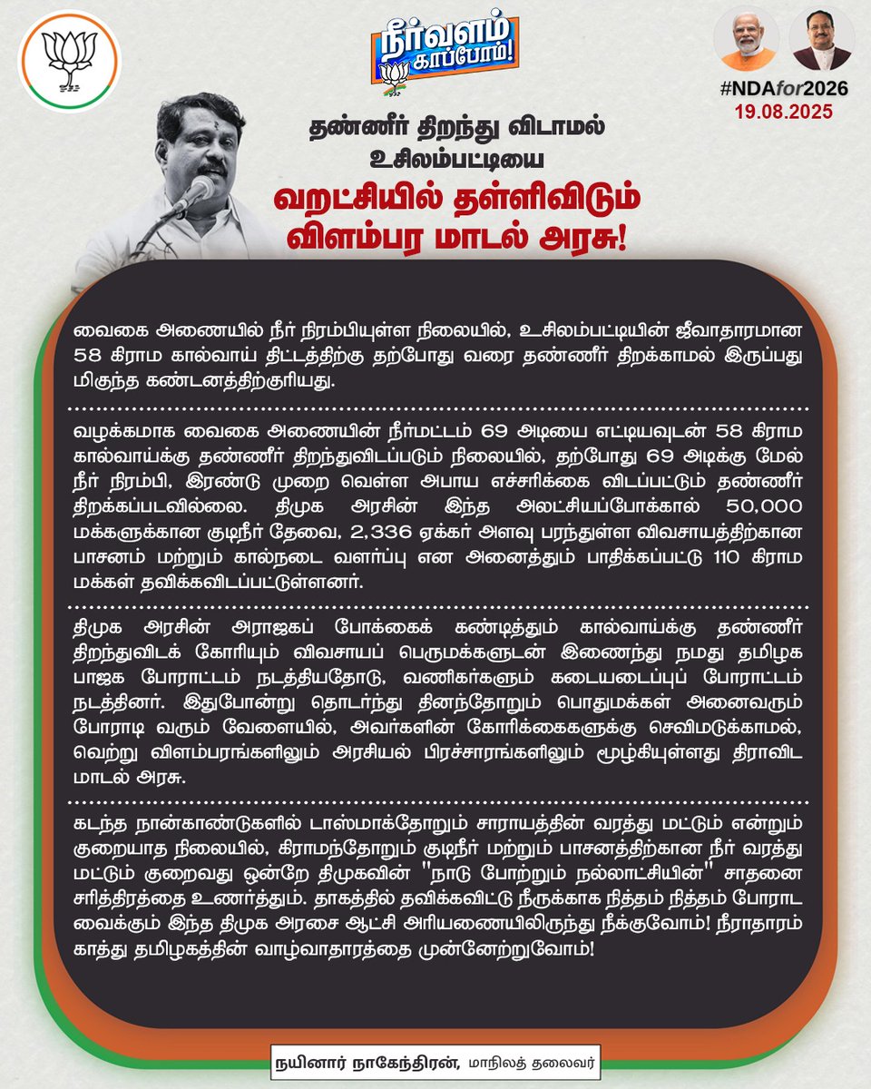 NainarBJP's tweet image. உசிலம்பட்டியைத் தாகத்தில் தவிக்கவிட்டு, வெற்று விளம்பரங்களை மட்டுமே தாங்கிப் பிடிக்கும் @arivalayam அரசு, 58 கிராம கால்வாய் திட்டத்திற்கு உடனடியாக தண்ணீர் திறந்துவிட வேண்டும்!

#நீர்வளம்_காப்போம்