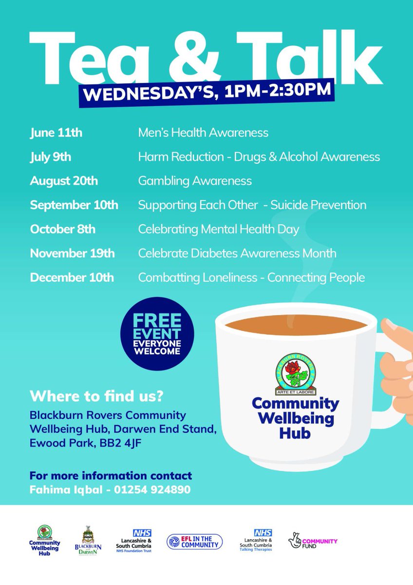 Blackburn Rovers Community Trust (@brfctrust) on Twitter photo ☕️We are looking forward to hosting our next Tea & Toast event at the Community Wellbeing Hub tomorrow!
🗣️Our theme for this week is Gambling Awareness and we are pleased to be joined by speakers from our partners at <a href="/imocharity/">IMO Charity</a>, <a href="/BCTNorthWest/">Beacon Counselling Trust</a>, <a href="/SparkBWD/">SparkBWD</a> and <a href="/YgamUK/">Ygam</a>! Come down ☕️We are looking forward to hosting our next Tea & Toast event at the Community Wellbeing Hub tomorrow!
🗣️Our theme for this week is Gambling Awareness and we are pleased to be joined by speakers from our partners at <a href="/imocharity/">IMO Charity</a>, <a href="/BCTNorthWest/">Beacon Counselling Trust</a>, <a href="/SparkBWD/">SparkBWD</a> and <a href="/YgamUK/">Ygam</a>! Come down