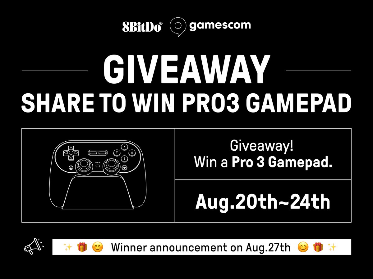 8BitDo Gamescom Social Media Giveaway
— Share to win a Pro 3 Bluetooth Gamepad!

1. Like, Share, and Comment under THIS 8BitDo Gamescom Giveaway event post.
2. Comment with your Gamescom photos/videos, then Share this post with hashtag #Gamescom2025 and #8BitDoGamescom please.
3.
