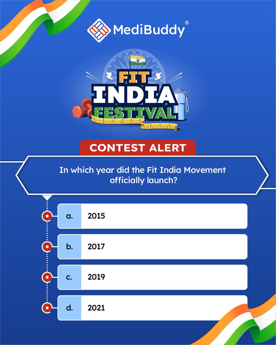 MediBuddy (@medibuddyapp) on Twitter photo #ContestAlert
๐ Fit India Festival โ Independence Day Contest ๐
Hereโs your chance to win amazing offers and celebrate fitness with us! ๐ช
๐
Contest Dates: 13th August โ 23rd August
๐ Winners: Lucky winners will win exciting offers.
How to Participate:
1๏ธโฃ Follow MediBuddy
2๏ธโฃ #ContestAlert
๐ Fit India Festival โ Independence Day Contest ๐
Hereโs your chance to win amazing offers and celebrate fitness with us! ๐ช
๐
Contest Dates: 13th August โ 23rd August
๐ Winners: Lucky winners will win exciting offers.
How to Participate:
1๏ธโฃ Follow MediBuddy
2๏ธโฃ