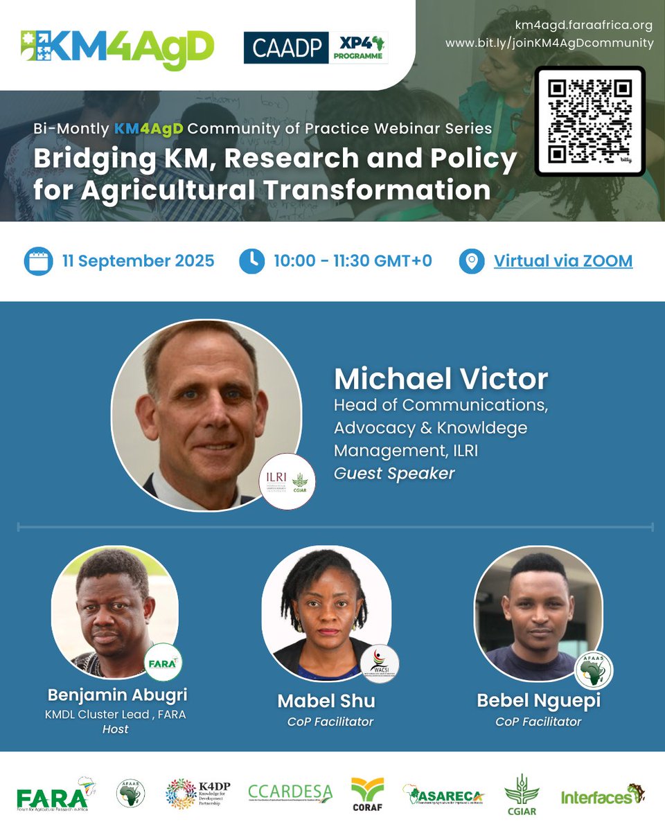 Join the #KM4AgD CoP Webinar on "Bridging KM, Research &amp; Policy for Agricultural Transformation"

📅 11 Sept 2025
⏰ 10:00 – 11:30 GMT+0
📍 Virtual (Zoom)

 Guest Speaker: Michael Victor, Head of Comms &amp; KM (ILRI)

🔗 Register: bit.ly/4lsKKbu

#KM4AgD #AgriTransformation