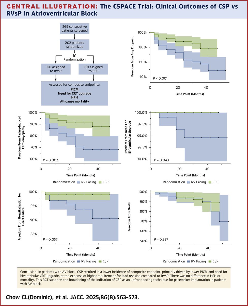 The CSPACE trial supports the indication of CSP as an upfront pacing technique for pts with AV block. 
CSP:
🟡lower PICM
🟡 lower need for biventricular CRT upgrade 
🟡 higher requirement for lead revision compared to RVSP
🟡 no difference in HFH or mortal
jacc.org/doi/abs/10.101…