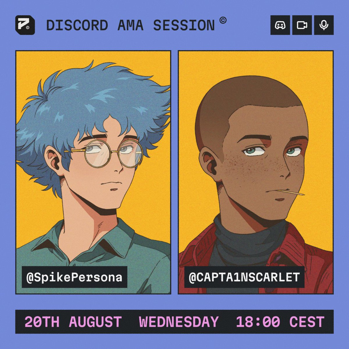 Another session of our AMA &amp; Hangout 💛

Join <a href="/SpikePersona/">Spike</a> and <a href="/CAPTA1NSCARLET/">Captain Scarlet 🩸</a> tomorrow, Aug 20th, at 18:00 CEST in our Discord.

Ask questions, catch up on the latest updates and just hang out!

See you there!

Join our Discord below 👇
