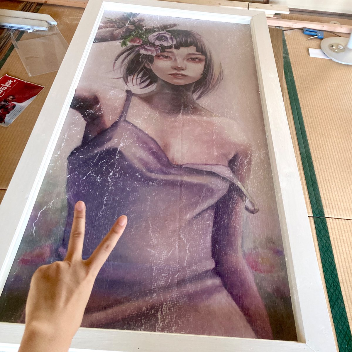今日は九度山町へ！
実行委員さん方の秘密の作業場を覗きました。
印刷物を使った作品の額縁となる部分を作って頂いています。
画像はAIで引き伸ばし+ノイズを入れたり加工をしてたけど、綺麗に印刷出来ていてよかったです。