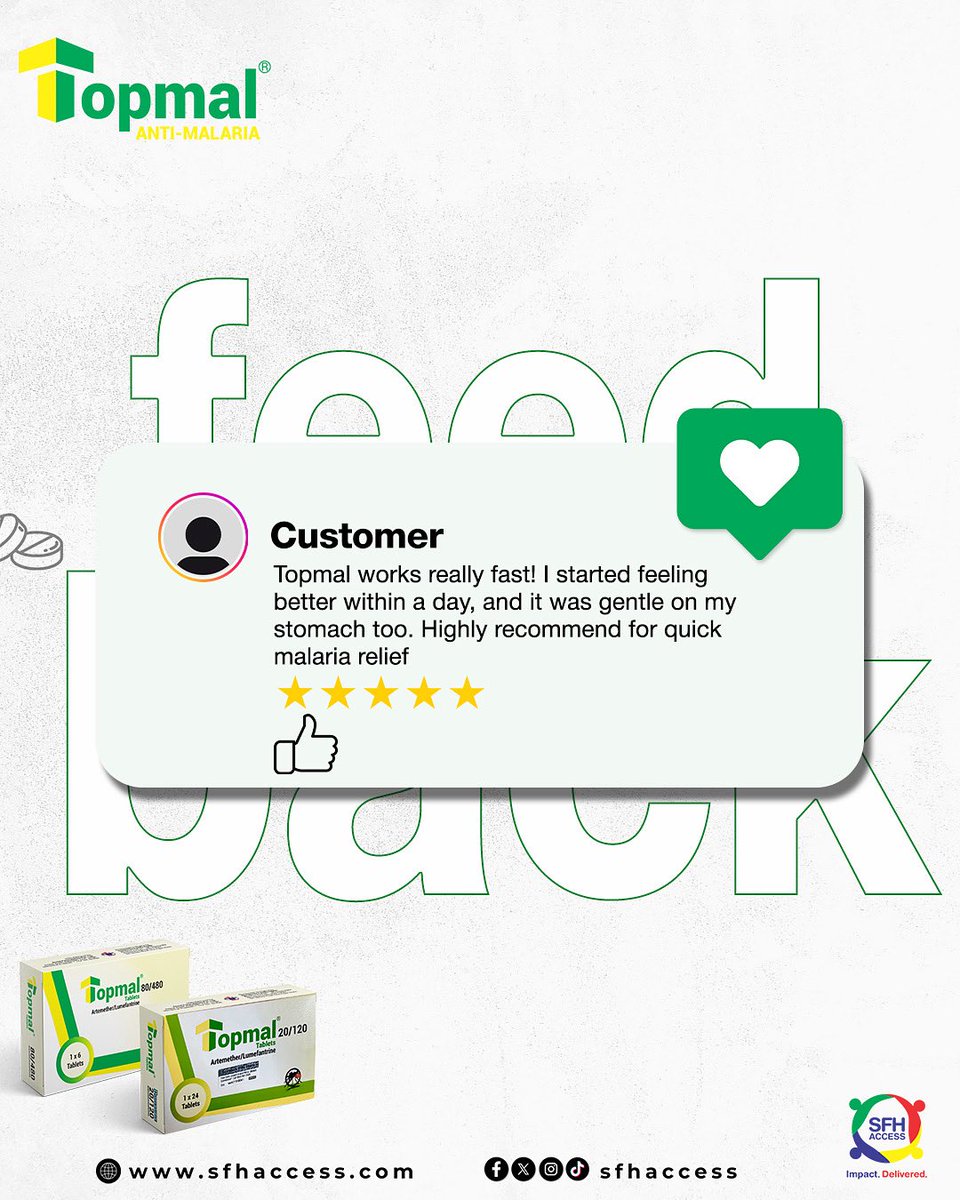 SFHAccess's tweet photo. Malaria symptoms don’t stand a chance with Topmal
Fast, effective, and gentle on your stomach. 💚
Your health, your comfort, your Topmal.
#Topmal #MalariaRelief #SFHAccess #explore #ImpactDelivered https://t.co/fOJulW6Snz