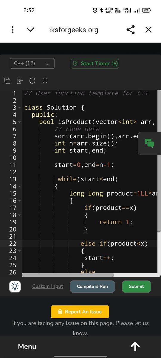 SUMIT_DEVELOPER's tweet image. Solved&quot;Product Pair&quot; in GFG,
 using 2 pointers🧠
👉Sort array
👉Start=0, End=n-1
👉Multiply with 1LL (avoid overflow⚡)
👉Move smartly pointers  until product found
From O(n²) ➝ O(n log n) 
#DSA #Coding #TwoPointers #ProblemSolving #100DaysOfCode #LeetCode #GeeksforGeeks #Code
