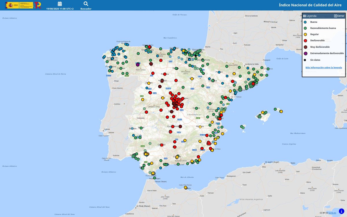 EnMet3's tweet image. Calidad del aire desfavorable en gran parte del país, sobre todo del interior.

En Guadalajara, por ejemplo, los valores de PM2.5 y PM10 son elevados, dando un ICA desfavorable. ¿La razón? El humo de los incendios del oeste peninsular.
