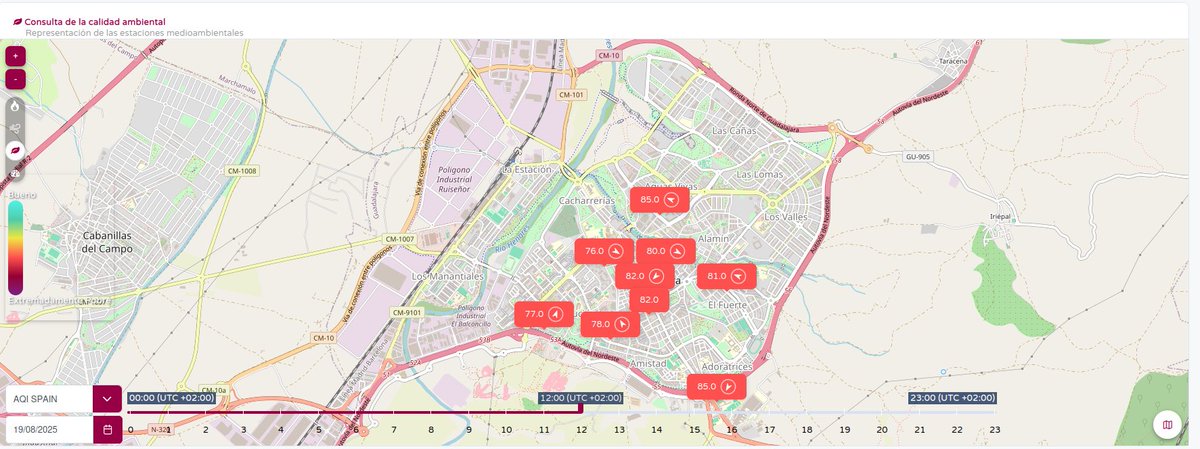 EnMet3's tweet image. Calidad del aire desfavorable en gran parte del país, sobre todo del interior.

En Guadalajara, por ejemplo, los valores de PM2.5 y PM10 son elevados, dando un ICA desfavorable. ¿La razón? El humo de los incendios del oeste peninsular.