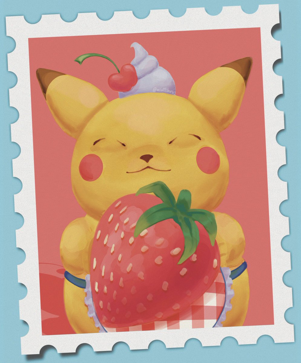 mintthru's tweet image. he's so proud of his strawberry🍓🍰

#pokemon #pikachu