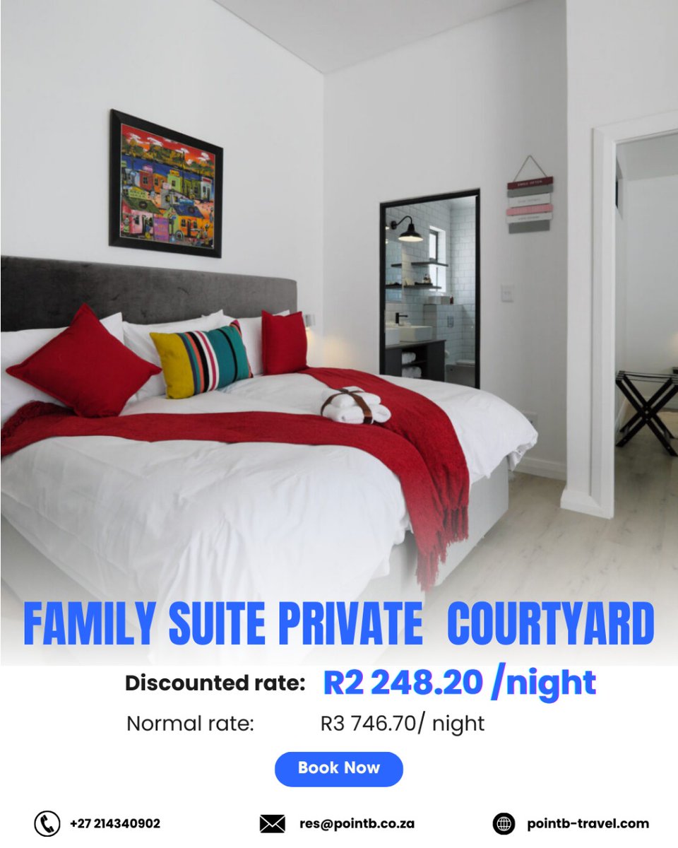 Point B - A Sustainable Travel & Accommodations (@pointbguest) on Twitter photo Don't miss out! Get 40% off your stay at Point B in Cape Townβ Limited-time, non-refundable deal.
Book now! π +27 214340902 | π§ res@pointb.co.za #CapeTown #TravelDeals #TravelDeals #PointB #SouthAfrica #Australia #Getaway #DiscountedRates Don't miss out! Get 40% off your stay at Point B in Cape Townβ Limited-time, non-refundable deal.
Book now! π +27 214340902 | π§ res@pointb.co.za #CapeTown #TravelDeals #TravelDeals #PointB #SouthAfrica #Australia #Getaway #DiscountedRates