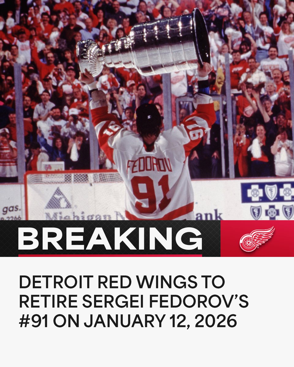 NHL (@nhl) on Twitter photo The <a href="/DetroitRedWings/">Detroit Red Wings</a> are raising Sergei Fedorov's No. 91 to the rafters! 🐙 The <a href="/DetroitRedWings/">Detroit Red Wings</a> are raising Sergei Fedorov's No. 91 to the rafters! 🐙