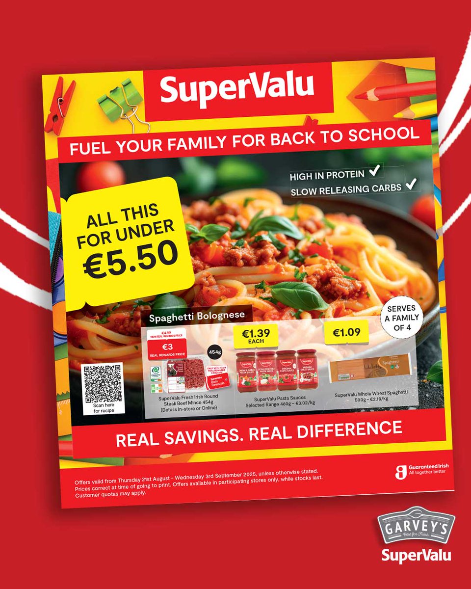 🟥🟨 REAL SAVINGS. REAL DIFFERENCE 🟨🟥

Call in for our latest special offers in store now !
📲 supervalu.ie/offers/leaflet…

Offers valid Thursday 21st August to Wednesday 03rd September 2025, unless otherwise stated.
#GarveysSuperValu #BackToSchool #Corbally