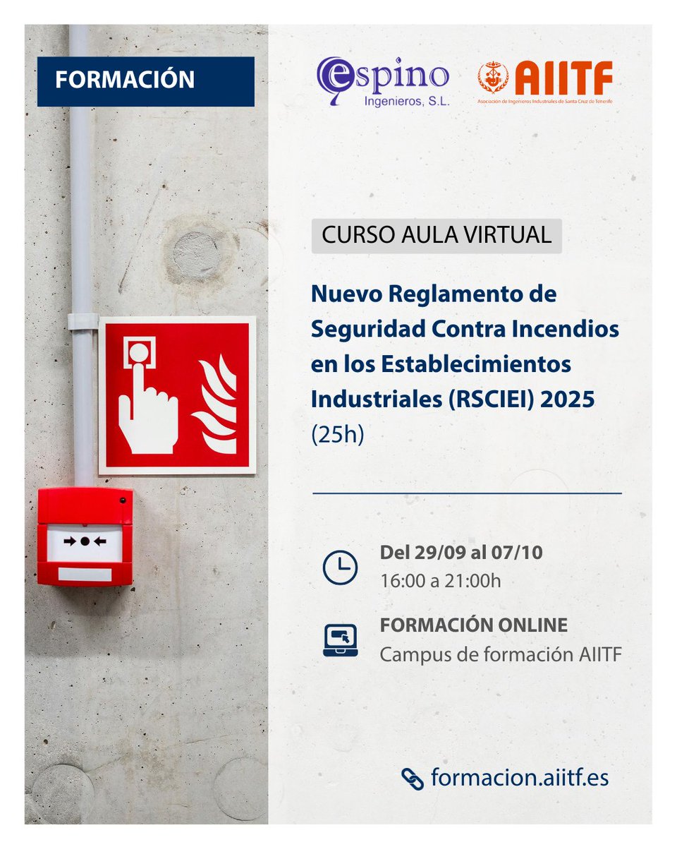 El próximo mes dará comienzo el curso “Nuevo RSCIEI 2025 y modificaciones del CTE y RIPCI”, en modalidad online y con una duración de 25 horas.

ℹ️ Inscripciones en 👉 coiitf.es