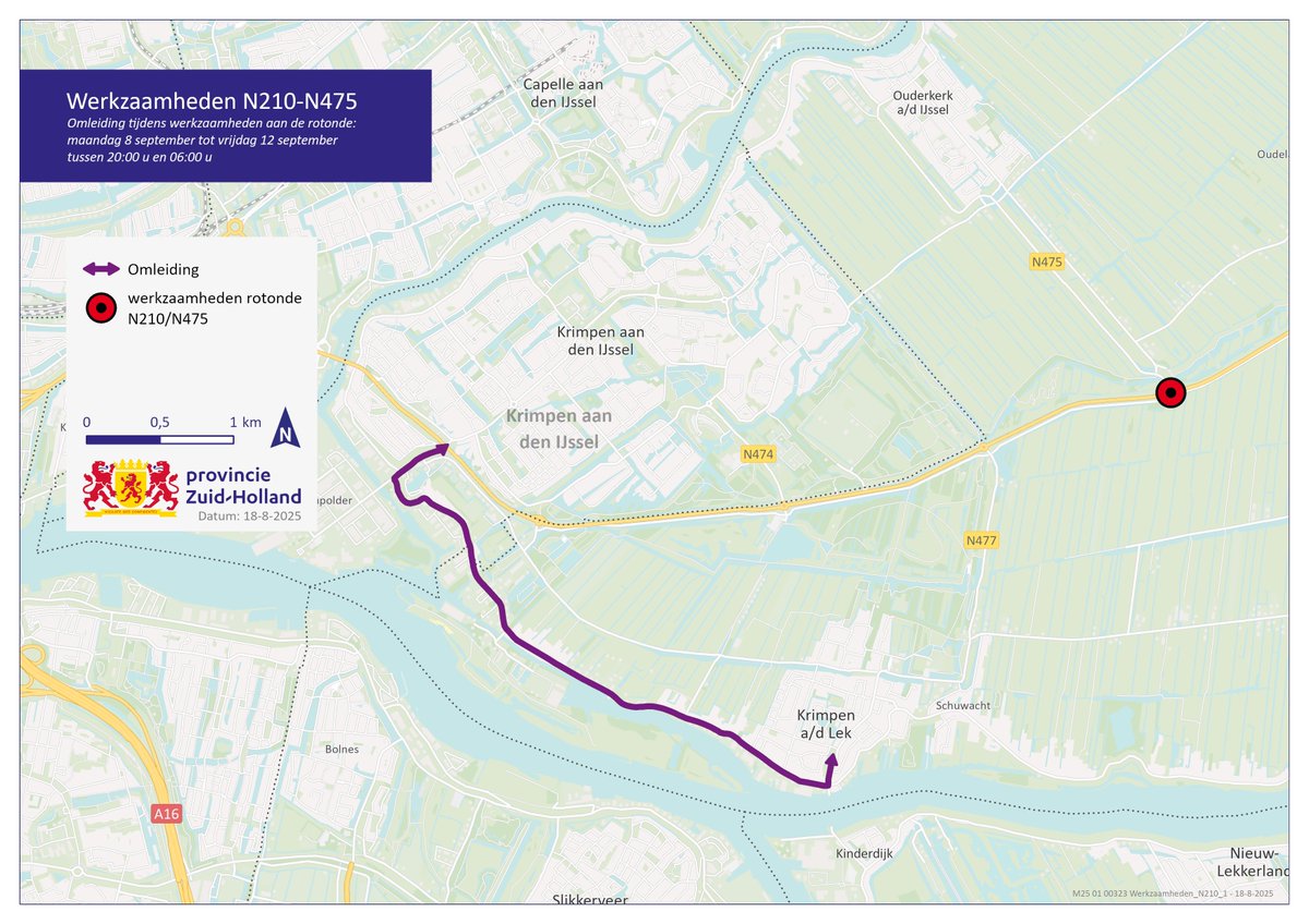Werkzaamheden aan de #N210 bij de rotondes met #N478 #Bergambacht, #N475 #KrimpenaandenIJssel en #N474 #OuderkerkaandenIJssel van 25/8 tot 12/9. De rotondes zijn dan van 20.00 tot 06.00 uur afgesloten. Wegverkeer volgt omleidingen. Overdag zijn rotondes en N210 bereikbaar. Lees