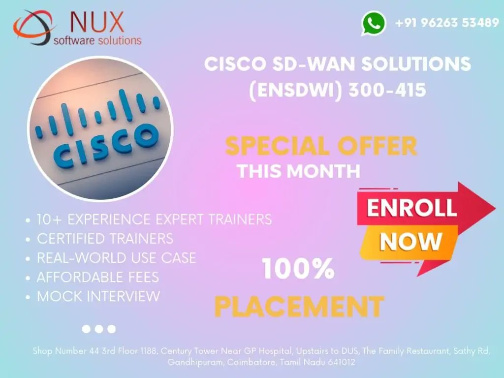 NuxSoftware's tweet image. Master Cisco SD-WAN (ENSDWI 300-415) in Coimbatore! 🚀 Gain skills in deployment, security, & cloud-ready WAN with hands-on labs & expert training. #CiscoSDWAN #ENSDWI300415 #CCNPEnterprise #CiscoTraining #Networking
