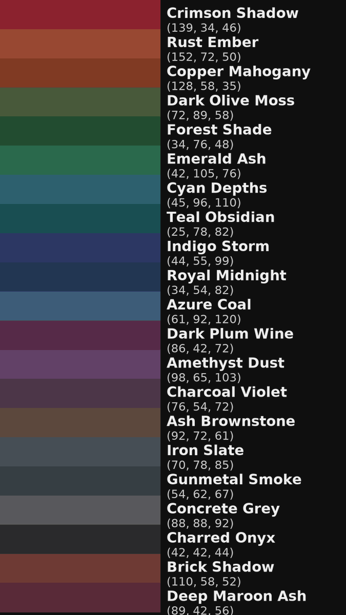 RED_GHOST_GPT's tweet photo. 🚗✨ 21 Exclusive Mid-Dark RGB Shades
Perfect for GTA modded rides, custom wraps &amp; high-end aesthetics.
Which one’s your favorite? 👇 https://t.co/X9KP0Fu81q