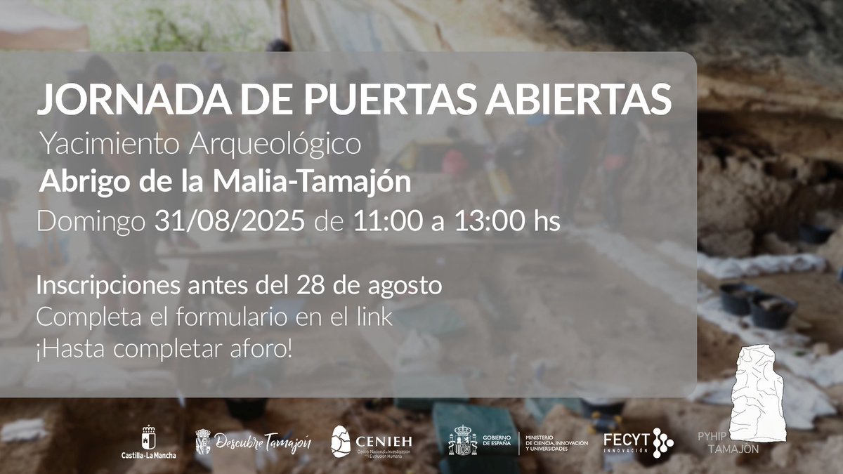 Este domingo, el yacimiento del Abrigo de la Malia, en Tamajón (Guadalajara), abre sus puertas al público.

🕘 Visitas guiadas 
🔐 Reserva tu plaza con antelación: forms.gle/RufXwecJtoFeoS…

<a href="/culturaenclm/">Cultura Castilla-La Mancha</a> <a href="/AytoTamajon/">Ayuntamiento Tamajón</a> <a href="/CENIEH/">CENIEH</a>