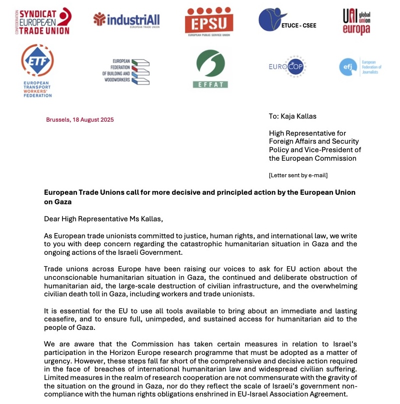 Genel-İş International (@genelis_int) on Twitter photo Call for action against atrocities in #Gaza by unions from Europe, including EPSU:
▪️Advance immediate sanctions, including the suspension of EU-Israel AA,
▪️End trade and economic relations with Israeli settlements in occupied Palestinian territories.
tinyurl.com/3x7d3msk Call for action against atrocities in #Gaza by unions from Europe, including EPSU:
▪️Advance immediate sanctions, including the suspension of EU-Israel AA,
▪️End trade and economic relations with Israeli settlements in occupied Palestinian territories.
tinyurl.com/3x7d3msk