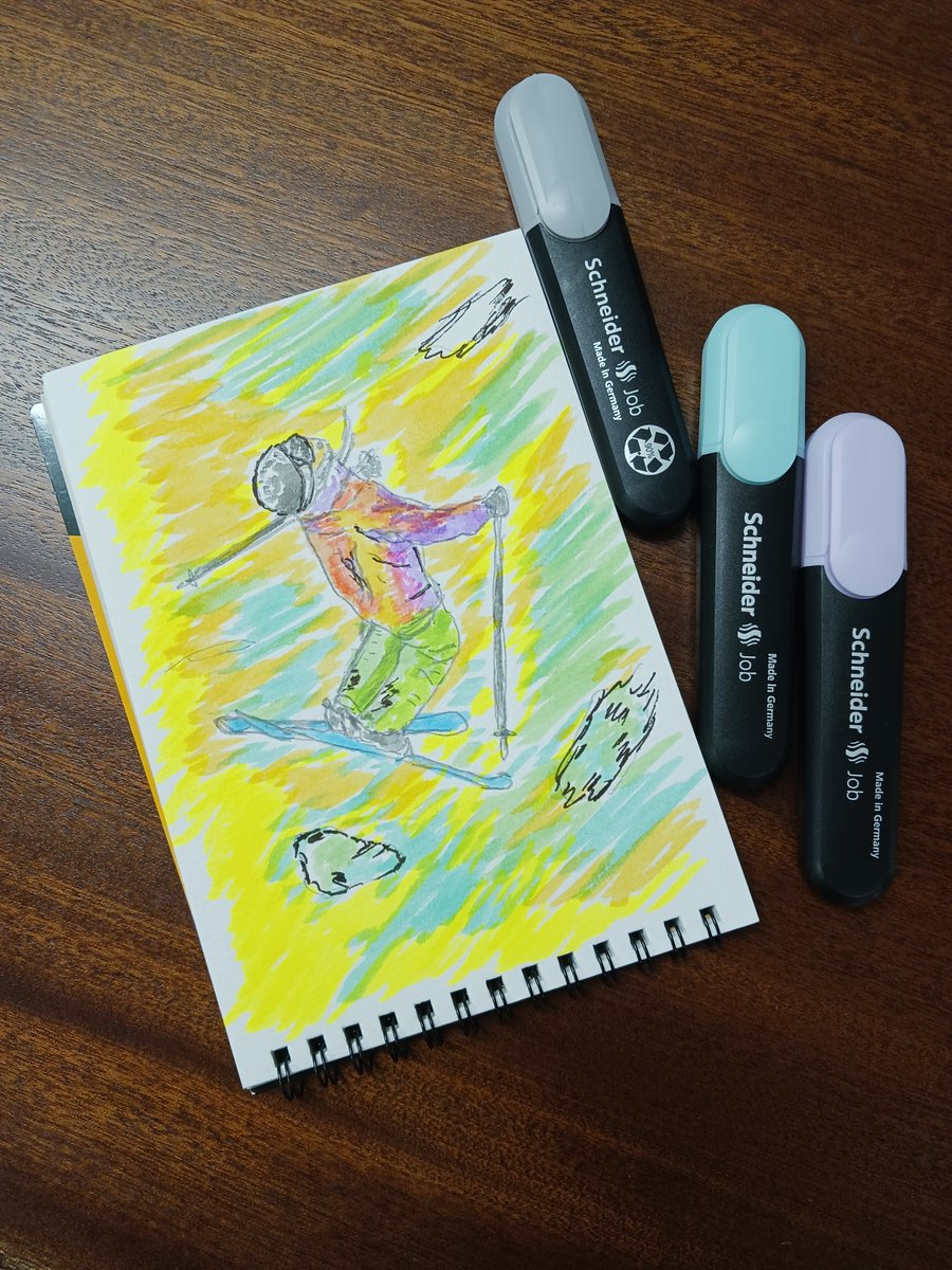 GEETEXKATO's tweet photo. シュナイダー蛍光マーカーと鉛筆、ワンビジネスで描きました。　バックフリップ！暑いので冬を思い出した一枚。経験値17枚！　#Schneider #文具　＃お絵描き　＃ドイツ　＃バックフリップ　＃蛍光マーカー https://t.co/4u6BYlBGmP