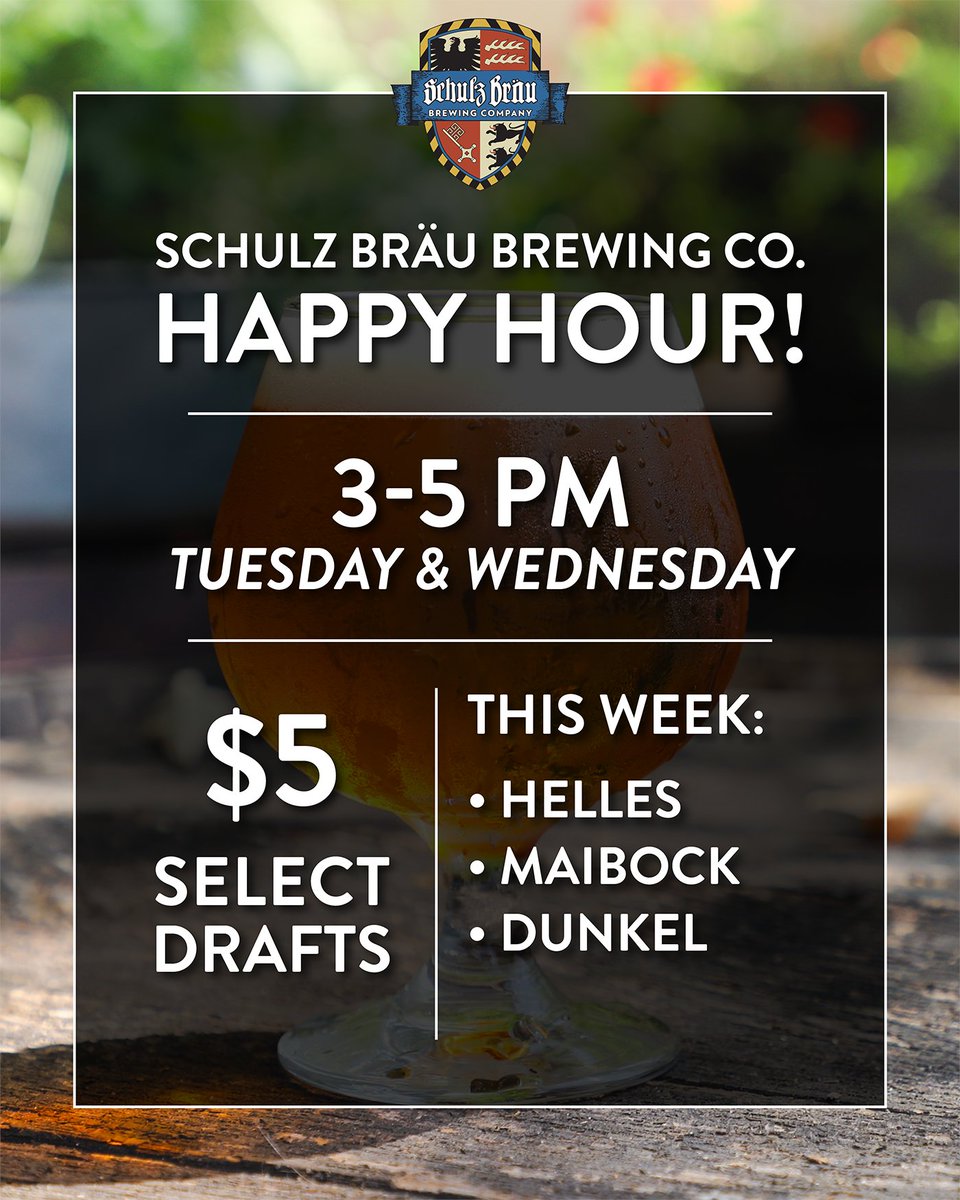 ✨ It’s that time again… Happy Hour is here! 🍻
Swing by the Biergarten treat yourself to one of your favorite German brews! 😋 

#schulzbrau #happyhour #biergarten #germanbeer #craftbeer #germanbrewery