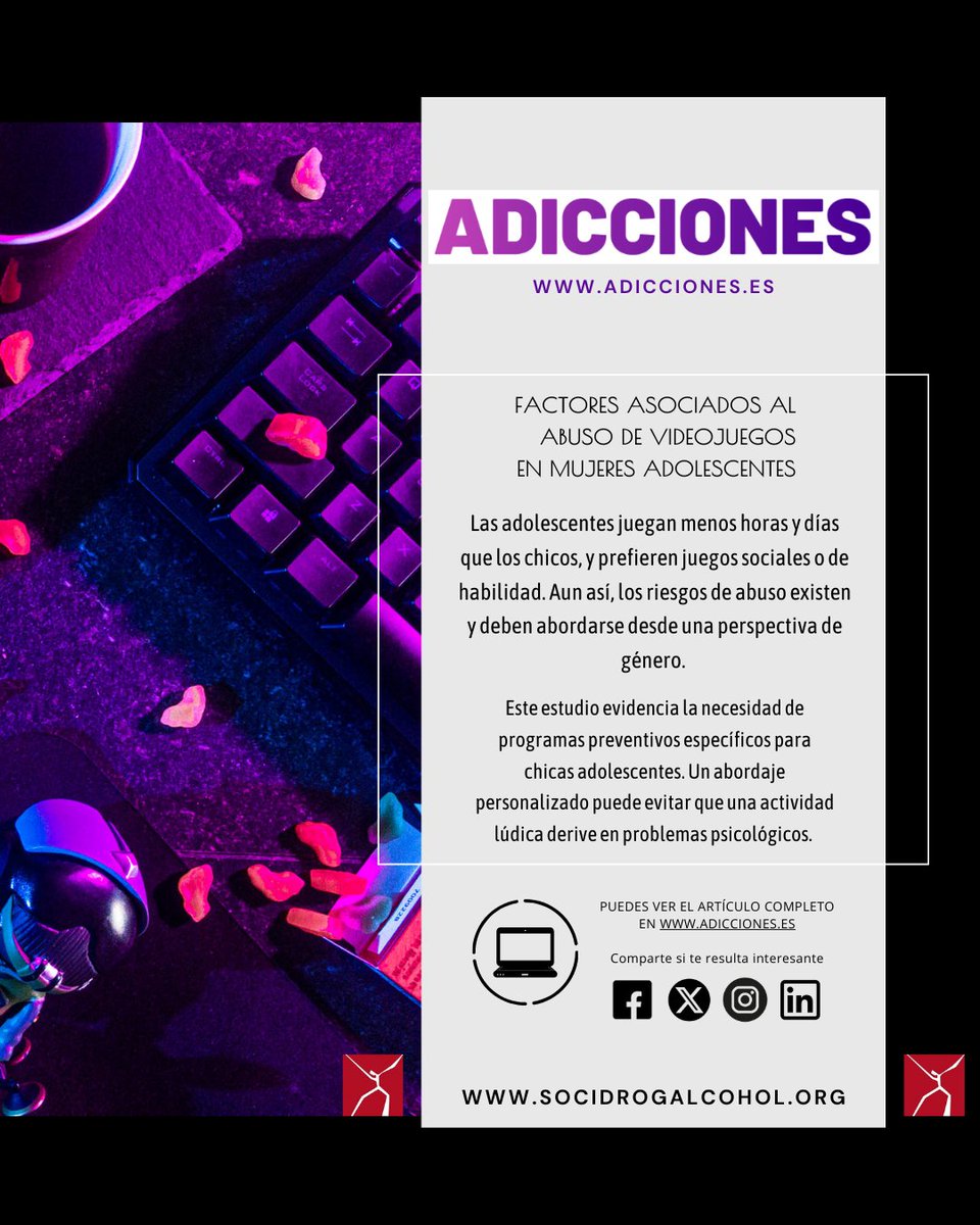 ¿Conoces este estudio publicado este mismo año en la revista Adicciones? Las mujeres adolescentes también abusan de los videojuegos. Puedes saber más en este enlace: adicciones.es/index.php/adic… #PrevenciónConPerspectiva #Videojuegos #SaludMental