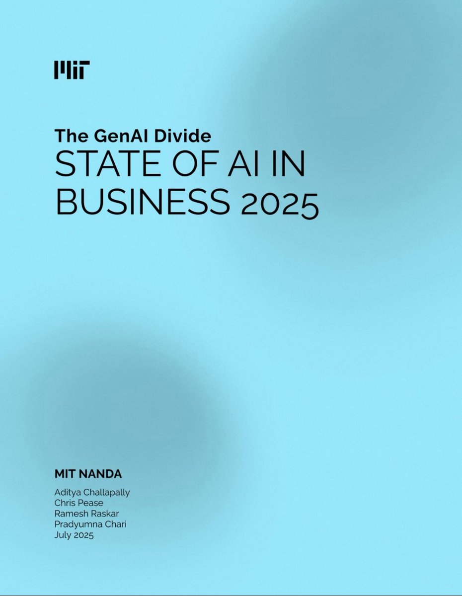 Nafis Alam (@nafisalam) on Twitter photo 95% of #generativeAI pilots at companies are failing- State of #AI in #Business-<a href="/MIT/">Massachusetts Institute of Technology (MIT)</a>
#Bigdata #Artificialintelligence #GenAI #Fintech #Finserv #Digitaltransformation #Disruption #Regulation #Regtech
<a href="/Damien_CABADI/">Growth CFO 🌍 🕊️🇺🇦</a> <a href="/bamitav/">Amitav Bhattacharjee</a> <a href="/mikeflache/">Mike Flache</a> <a href="/Nicochan33/">Nicolas Babin</a>
nanda.media.mit.edu 95% of #generativeAI pilots at companies are failing- State of #AI in #Business-<a href="/MIT/">Massachusetts Institute of Technology (MIT)</a>
#Bigdata #Artificialintelligence #GenAI #Fintech #Finserv #Digitaltransformation #Disruption #Regulation #Regtech
<a href="/Damien_CABADI/">Growth CFO 🌍 🕊️🇺🇦</a> <a href="/bamitav/">Amitav Bhattacharjee</a> <a href="/mikeflache/">Mike Flache</a> <a href="/Nicochan33/">Nicolas Babin</a>
nanda.media.mit.edu