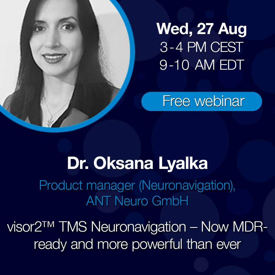 Reminder: Our webinar on visor2™ TMS Neuronavigation takes place Aug 27, 15:00 CEST.

Learn about the latest MDR-ready updates in software and hardware with Dr. Oksana Lyalka.

Register: register.gotowebinar.com/register/95219…

#TMS #Neuronavigation #Webinar