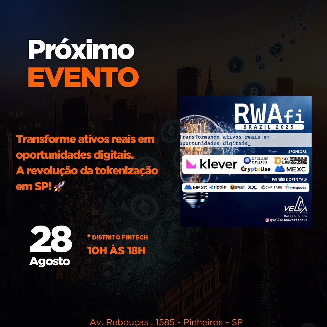RoleCripto's tweet photo. 🌍 O futuro da tokenização chegou!
Dia 28/08, em SP, o RWAfi Brazil 2025 reúne especialistas para debater RWA, DeFi e tokenização.

👥 Apenas 120 vagas!

🎟️ https://t.co/8KlAKMTYHl

#RoleCripto #RWA #DeFi #Bitcoin #Cripto https://t.co/kKsCHBxZgM