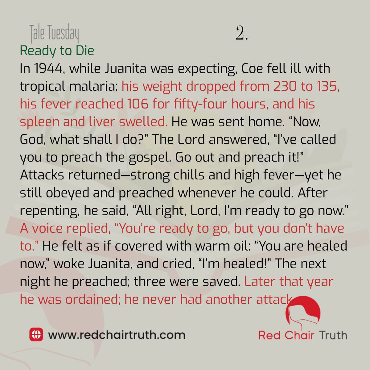 redchairtruth1's tweet image. It’s easy to obey God when life feels good. But what if you’re sick, depressed, or barely holding on? Jack Coe faced that test—and still preached in his weakness. What conviction drove him?

Find out this Tale Tuesday.

#RedChairTruth #TaleTuesday #Faith #RCT #ItaUdoh