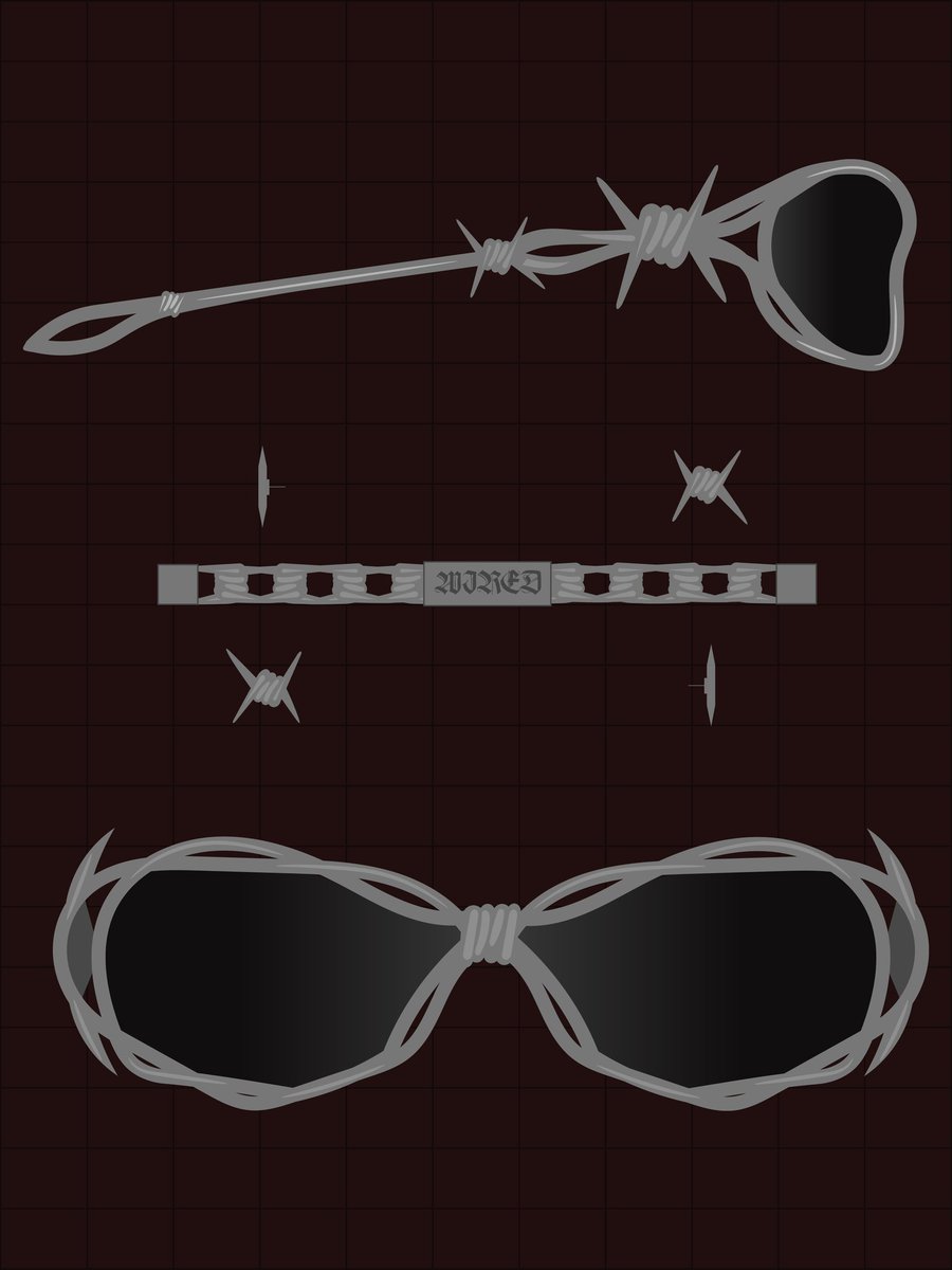 WDX - wired

Created a silver themed barb wired concept of a dark shades, a bracelet and an earring.
Inspired by looking at a barb wire, let me know what you think