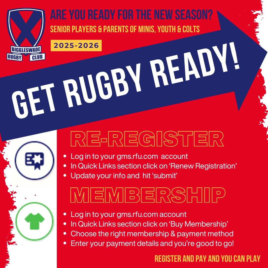 Attention Senior Players, Parents of Minis, Youths &amp; Colts: Get rugby ready!
✅ Log in to your RFU GMS account, re-register and pay yourclub membership (Monthly or In Full)*
*⁠If you choose direct debit, do it for each membership you need, otherwise full payment is taken.