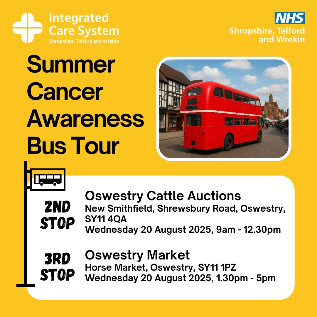 The Cancer Awareness Bus is arriving in Oswestry tomorrow:

💙Chat with friendly health professionals
💙Advice on prevention, signs, symptoms &amp; screening
💙Learn about local support services

No appointment needed, just pop by. Details 👇