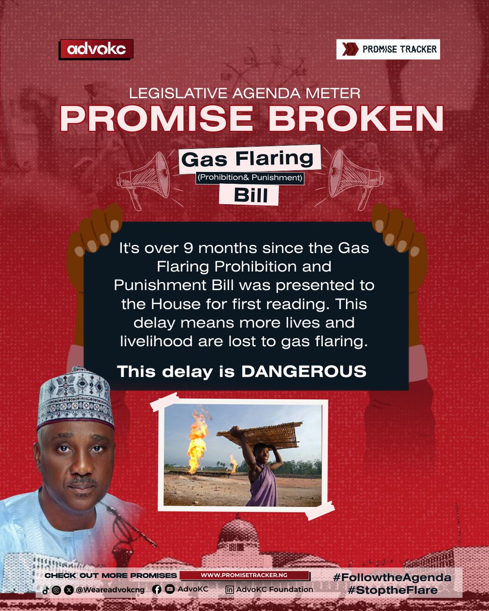 AdvoKC (@weareadvokcng) on Twitter photo PROMISE BROKEN
Over a year and counting!
In the Legislative Agenda of <a href="/greenchamberngr/">The Green Chamber, Nigeria</a>, they promised to expedite the Passage of the Gas Flaring (Prohibition and Punishment) Bill
The Gas Flaring (Prohibition & Punishment) Bill has stalled since December while lives, health, and PROMISE BROKEN
Over a year and counting!
In the Legislative Agenda of <a href="/greenchamberngr/">The Green Chamber, Nigeria</a>, they promised to expedite the Passage of the Gas Flaring (Prohibition and Punishment) Bill
The Gas Flaring (Prohibition & Punishment) Bill has stalled since December while lives, health, and