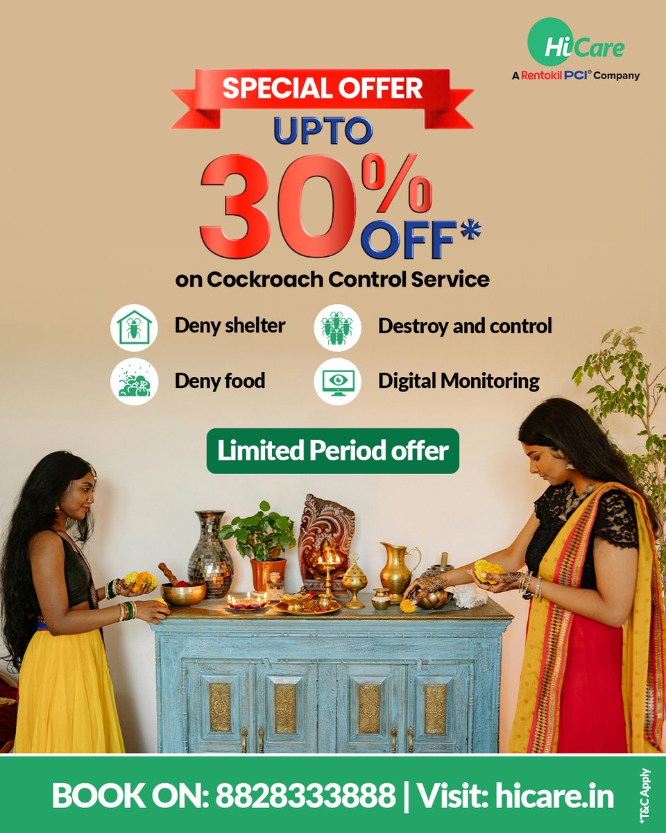 hicare_services's tweet image. Festive décor can brighten your home, but it won’t stop cockroaches.
Go beyond surface cleaning with HiCare’s 4D Cockroach Management — now at 30% OFF!
Get Up to 30% off now at hicare.in or 📞 8828333888

#HiCare #cockroachpestcontrol #CockroachControl