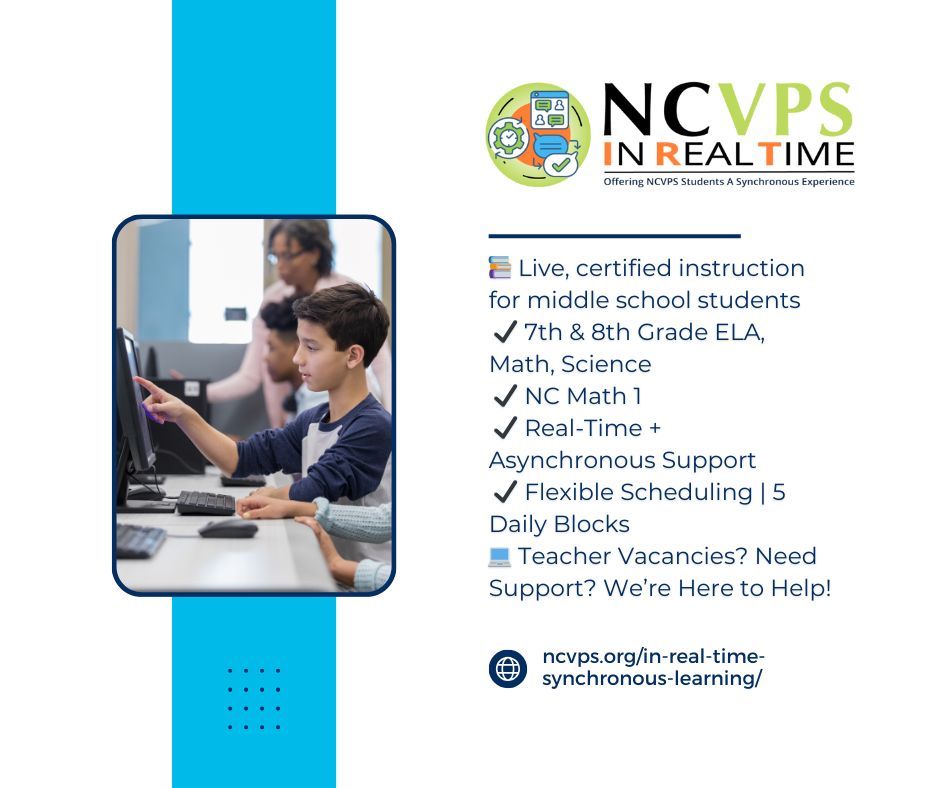 ncvps's tweet image. 📚 Need certified teachers for middle school?
NCVPS In Real Time offers live instruction + flexible support in core subjects—ELA, Math, Science, NC Math 1.

🔗 ncvps.org/in-real-time-s…
#NCVPS #InRealTime #VirtualLearning