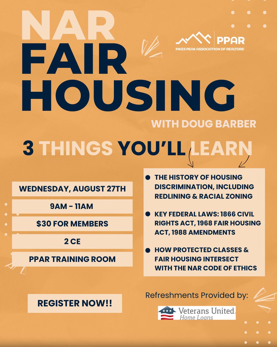 3 things you'll take away from the NAR Fair Housing Course:
🏠History of housing discrimination
⚖️ Key federal fair housing laws
👥 How protected classes align with the Code of Ethics
🔗 Register here: shorturl.at/FF77Z