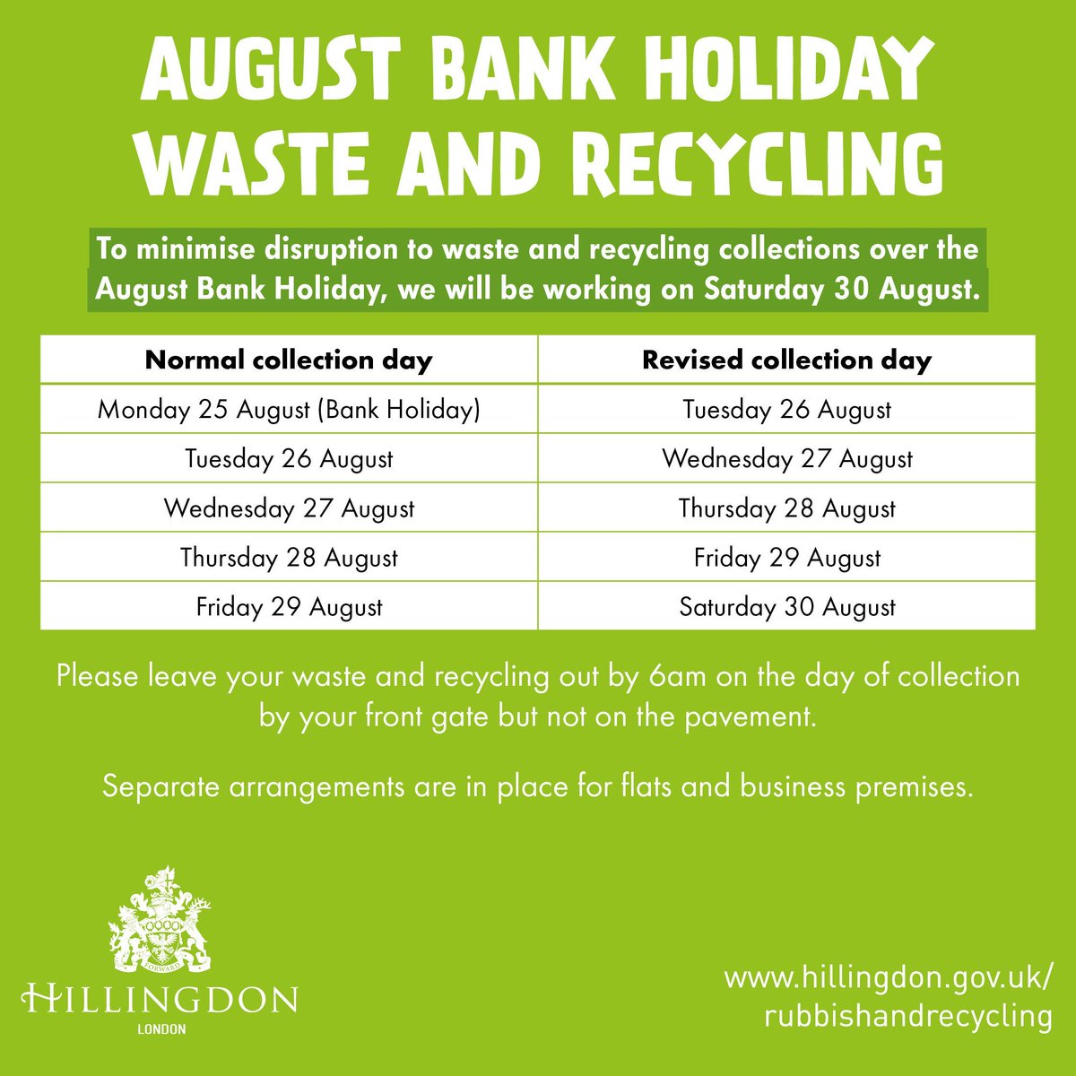 Advance warning 🚨 

Due to the August bank holiday, there will be changes to waste and recycling collection days ♻️ 

Check the table for your collection date 👀 

To minimise disruption, crews will be working on Saturday 30 August ✅ 

Read more 👉 buff.ly/WpA7CW9