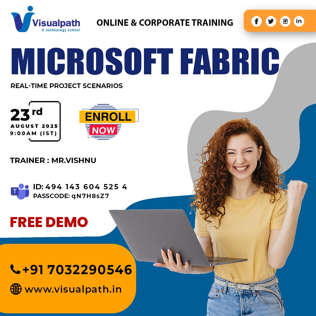 VisualpathPro's tweet image. 📢 Learn Microsoft Fabric from Industry Experts!✨
📅 Batch Date: 23rd Aug 2025
⏰ Time: 9:00 AM (IST)
👨‍🏫 Trainer: Mr. Vishnu

🔗 Join Here: bit.ly/4fHTPw1 
🆔 Meeting ID: 494 143 604 525 4
🔑 Passcode: qN7H8sZ7

📞 Call Us: +91 7032290546

#Visualpath #dataengineering