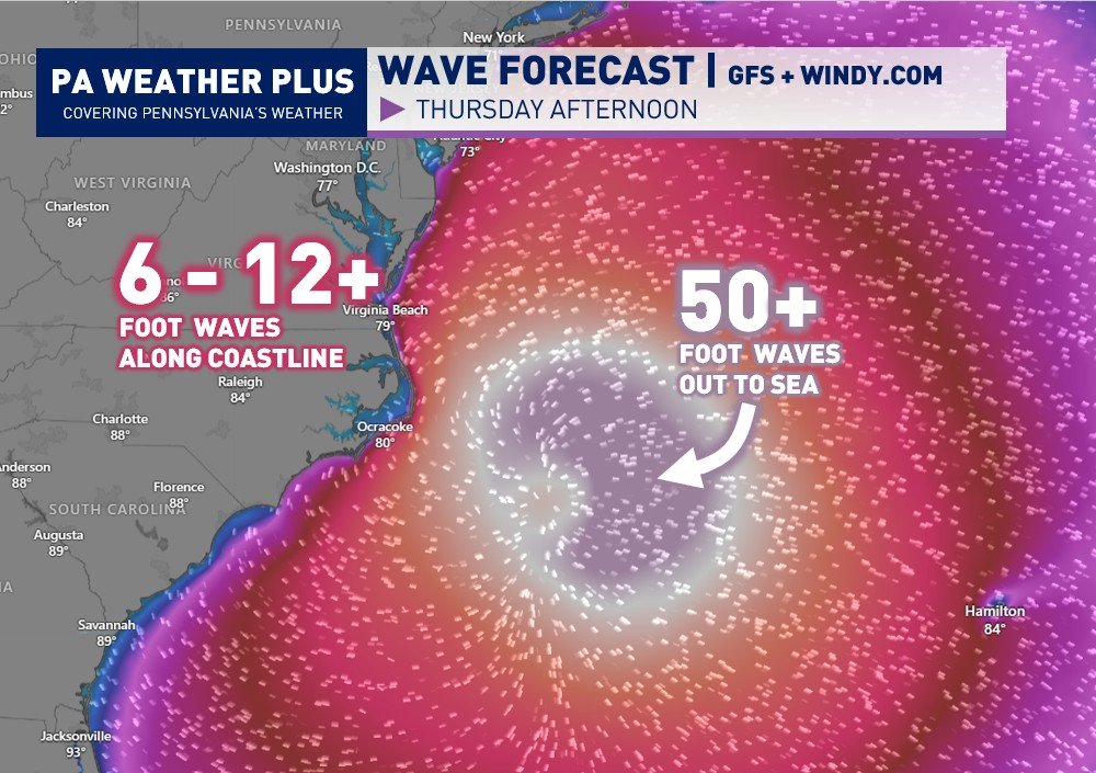 ** HIGH WAVES HURRICANE ERIN FORECAST **

Despite Erin not making a direct landfall on the East Coast, impacts will still be felt hundreds of miles away from the center of the storm. High waves of 6 - 12+ feet are expected along the Eastern Seaboard by the middle of the week,
