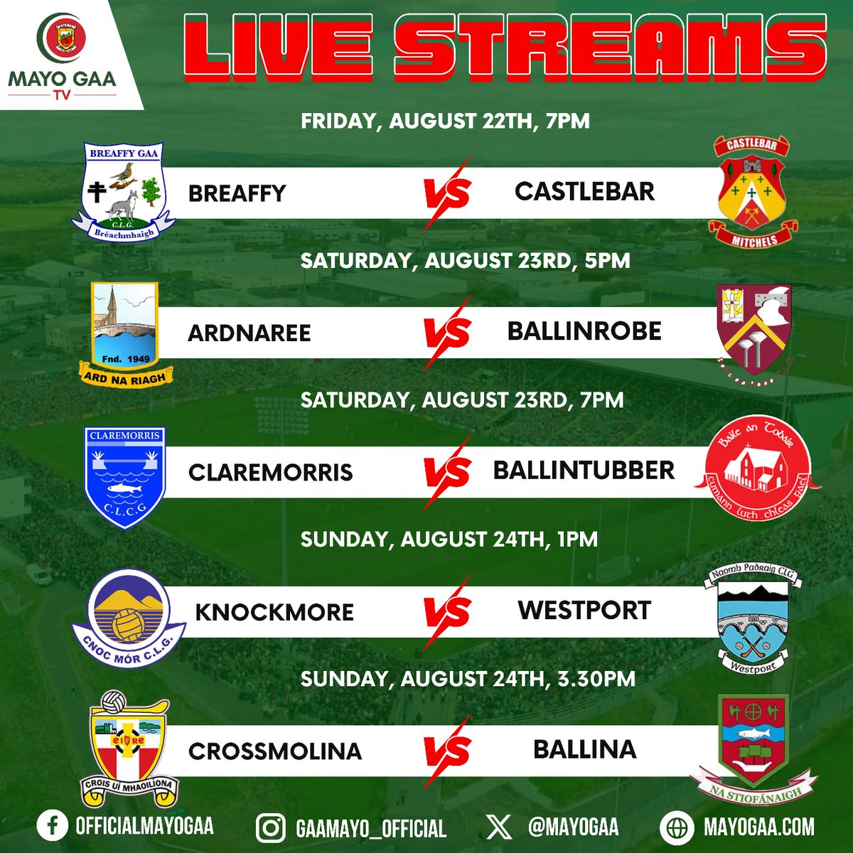 🗣️ Here's our Mayo GAA TV Schedule for the coming weekend!!!!

📺 Mayo GAA TV schedule this weekend.

 We'll be streaming Friday night, Saturday and Sunday visit 
mayogaa.com/2025/08/19/may… <a href="/claremorrisgaa/">Claremorris GAA</a>

Friday 
Breaffy Gaa  Vs Castlebar Mitchels at 7pm

Saturday 
Ardnaree