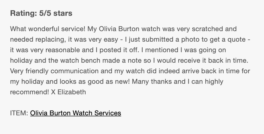 thewatchbench's tweet photo. Elizabeth trusted us with her watch – and was thrilled with the result.
Your watch could be next. Get a free quote today (no obligation, no fuss, no fix - no fee). https://t.co/7eP9eZPQwN https://t.co/fSiIY0hDV1