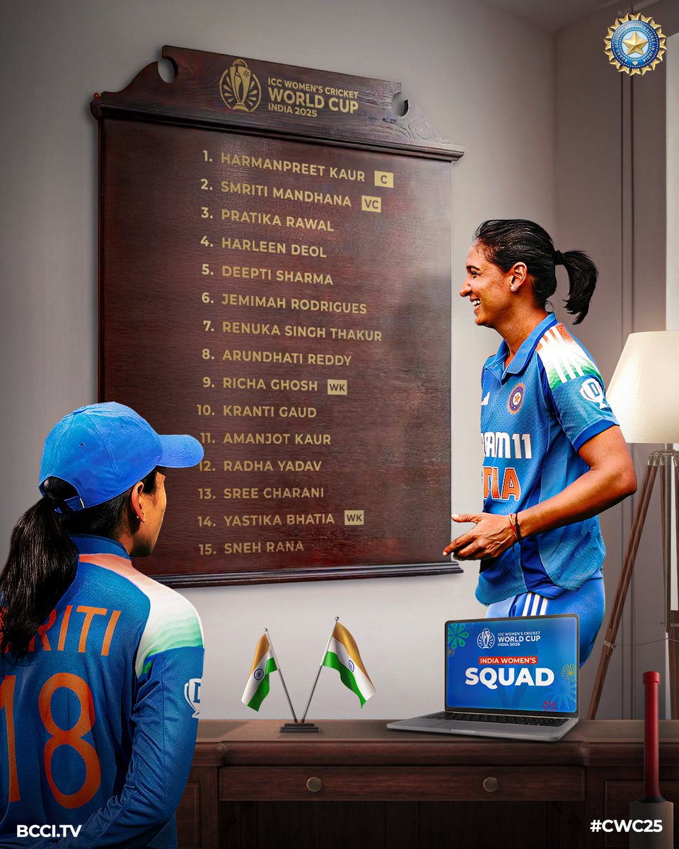 A power packed #TeamIndia squad for the ICC Women's Cricket World Cup 2025 💪

Harmanpreet Kaur to lead the 15 member squad 🙌🙌

#WomenInBlue | #CWC25