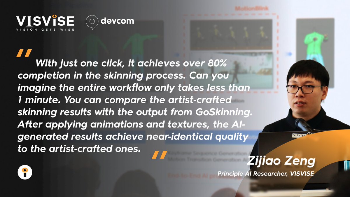 VISVISEvisvise's tweet image. How does @TencentGames new VISVISE transform art pipelines?
One-click skinning rigging
AI-powered animation generation

Zijiao Zeng, Principal AI Researcher at VISVISE, revealed the tech at devcom.