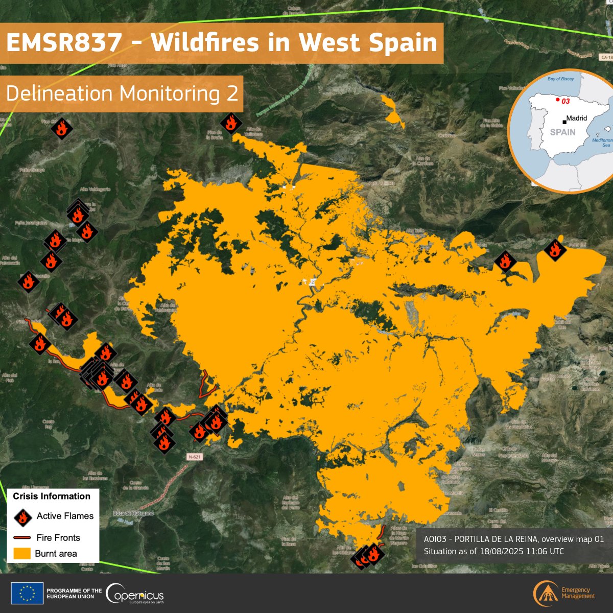 CopernicusEMS's tweet photo. 🔥#EMSR837 – Wildfires in NW Spain🇪🇸

Our latest map shows:

🔸 9,435 ha burnt
🔸 47 active flames, 11 km fire fronts
🔸 ~30 people &amp; 41.7 km of roads affected in Portilla de la Reina

🛰️ #RapidMapping supports civil protection with updated fire extent:

https://t.co/tJ4Fh9u9r6 https://t.co/hiabPjPBug