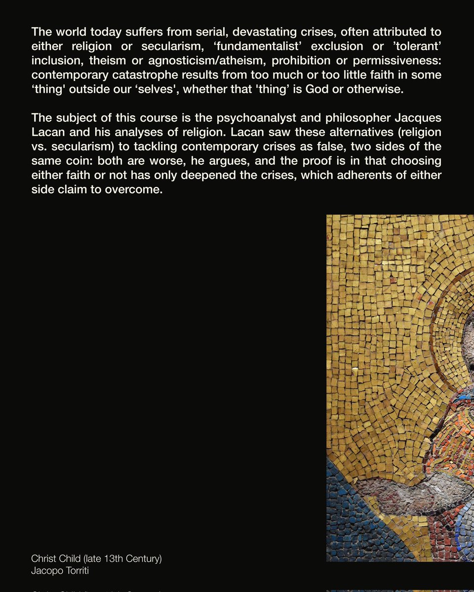 bicar_school's tweet photo. The subject of this course is the psychoanalyst and philosopher Jacques Lacan and his analyses of religion, staging a rigorous conversation between the Lacanian and Islamic critique of Judeo-Christianity.

Register Now: https://t.co/pn2MKPwamu https://t.co/31Z9GXY7Lu