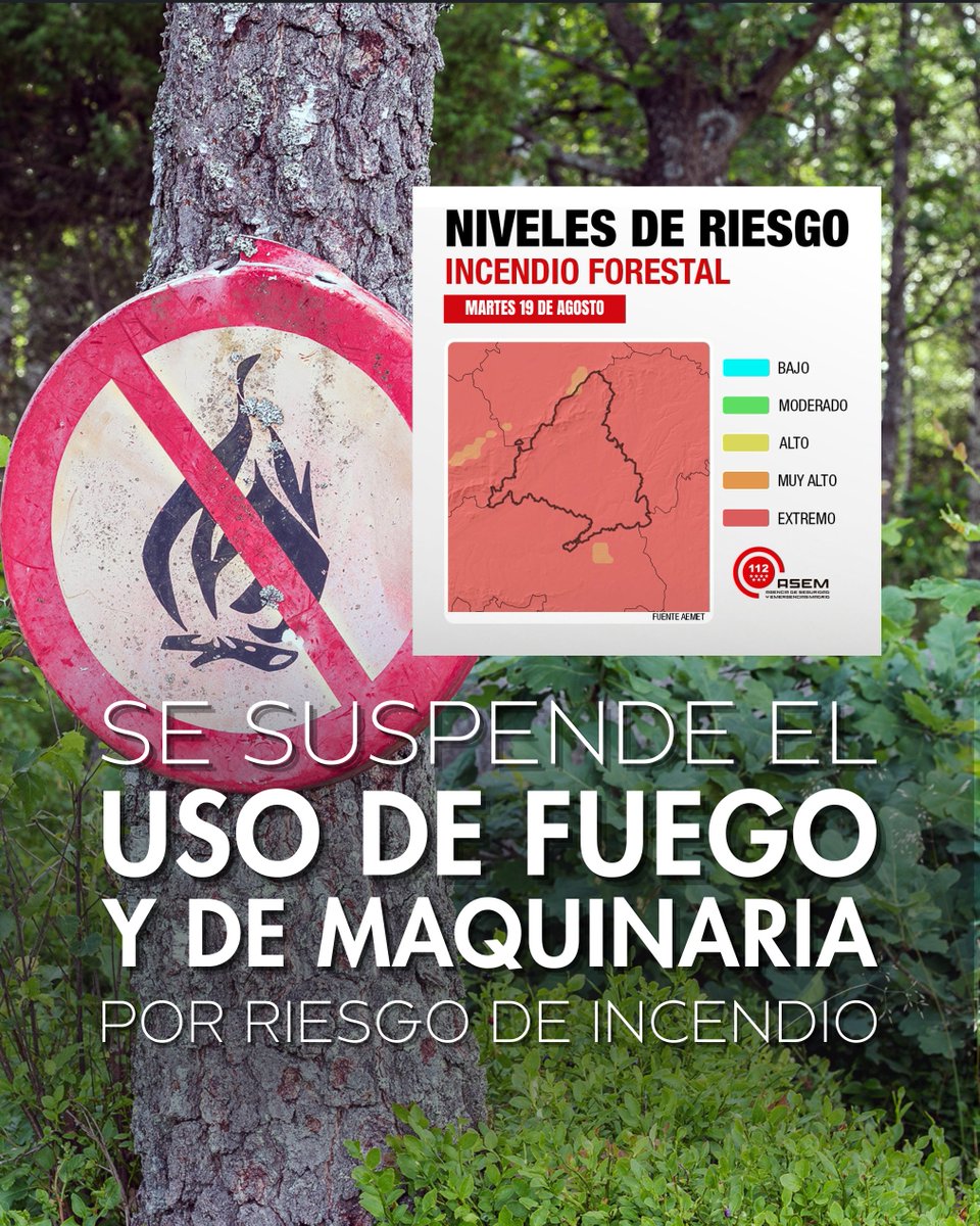 🚨 ATENCIÓN | Medidas extraordinarias por 🔥 riesgo de incendio en la Comunidad de Madrid. 
📅 Martes 19 de agosto. 
🚫 Prohibido el uso de fuego y maquinaria que genere chispas o deflagraciones.
🔗torrelodones.es/noticias/10787…