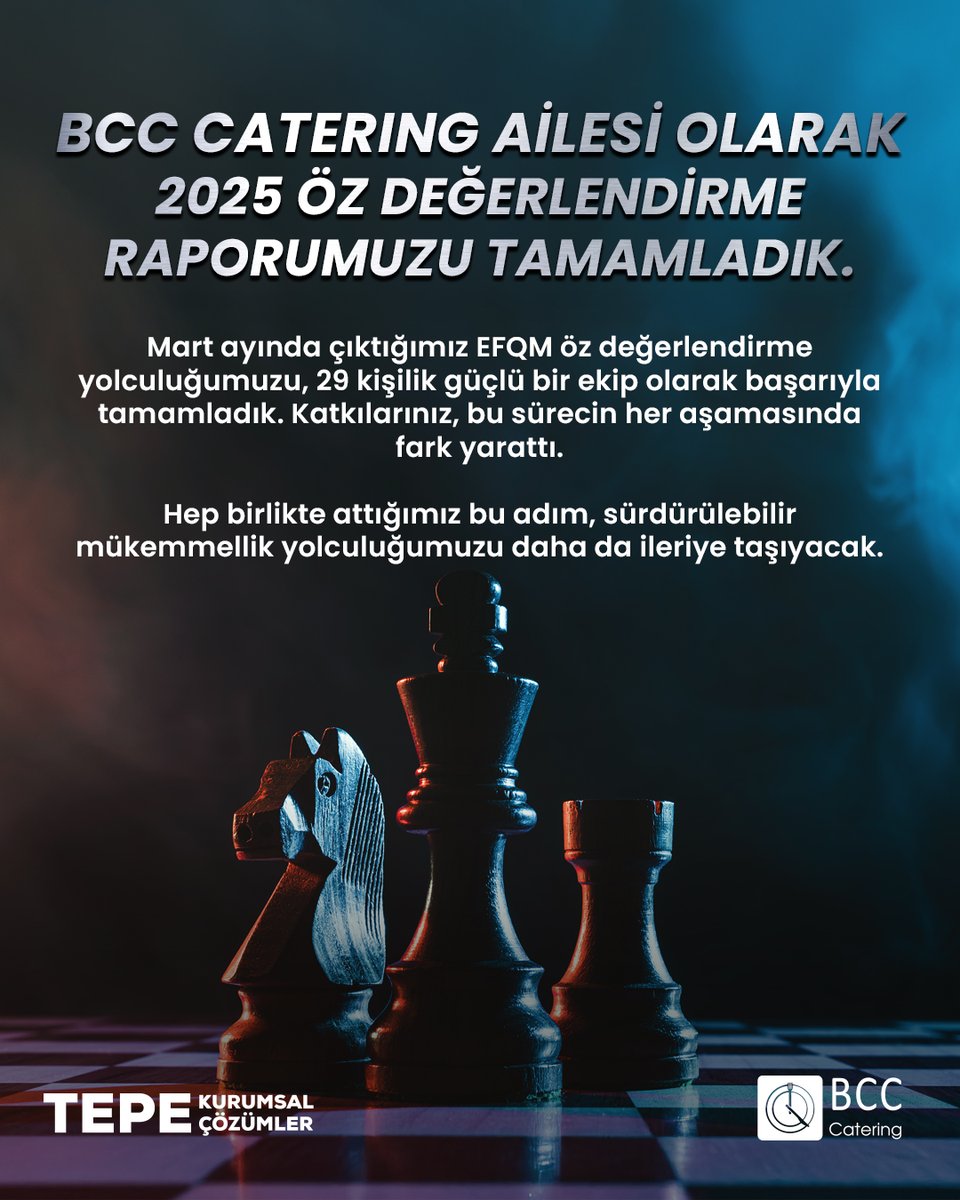 BCC Catering Ailesi olarak bir ilki daha geride bıraktık! 2025 yılı EFQM öz değerlendirme raporumuzu başarıyla tamamladık.
 
29 kişilik güçlü ekibimizle çıktığımız bu yolculukta, her bir katkı sürdürülebilir mükemmellik yolunda fark yarattı.