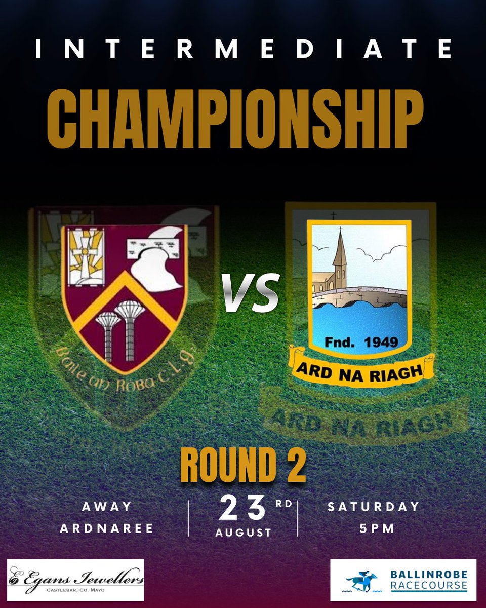 *Intermediate Championship*
We head to Ardnaree for round 2 of the Intermediate Championship on Saturday, throw in 5pm.
All support for the lads is very much appreciated.

*Please see link for match day tickets* 
mayogaa.com/2025/08/19/thi…