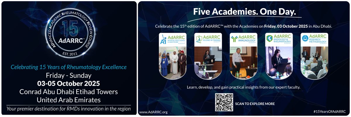 adarrc's tweet image. AdARRC 2025 | 03 Oct | Abu Dhabi
Celebrate 15 Years of Rheumatology Excellence.
Five Academies. One Day.
AI in Healthcare | FIT | Immunology | Radiology &amp;amp; Rheumatology | Research Methodology

🔗 AdARRC.org
#AdARRC2025 #RheumatologyExcellence